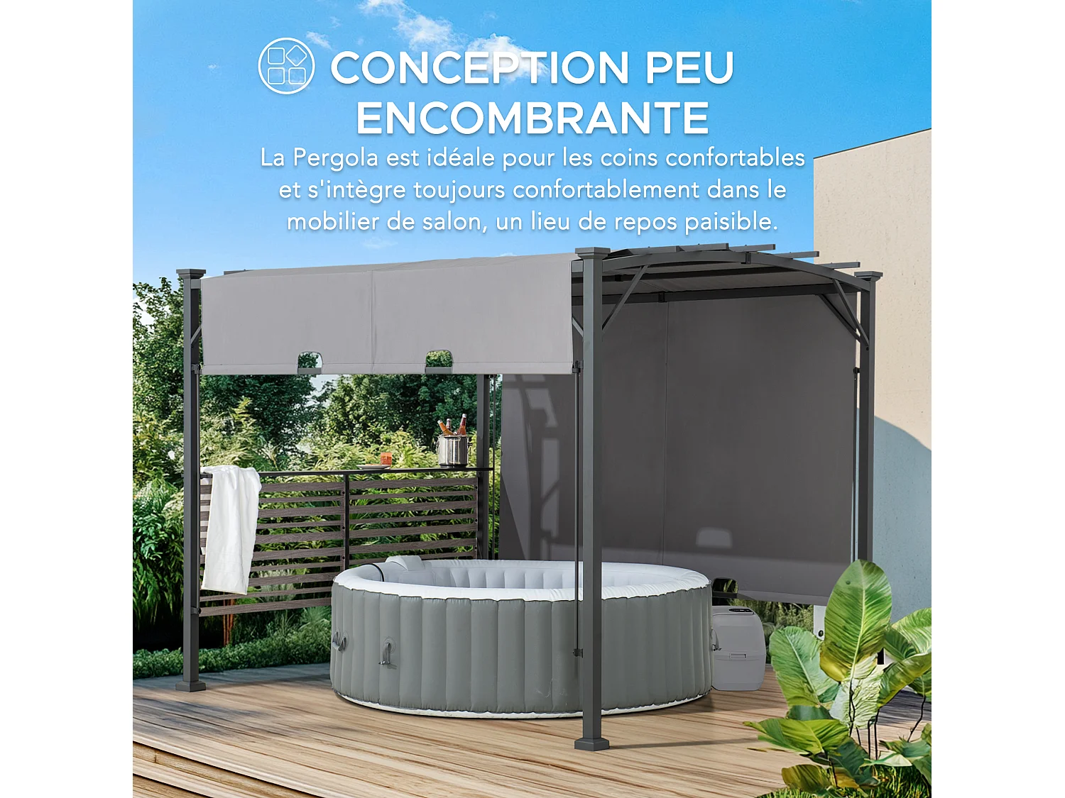 Pergola en métal avec toit à baldaquin réglable et étagère de bar TITOV 270 cm x 300 cm