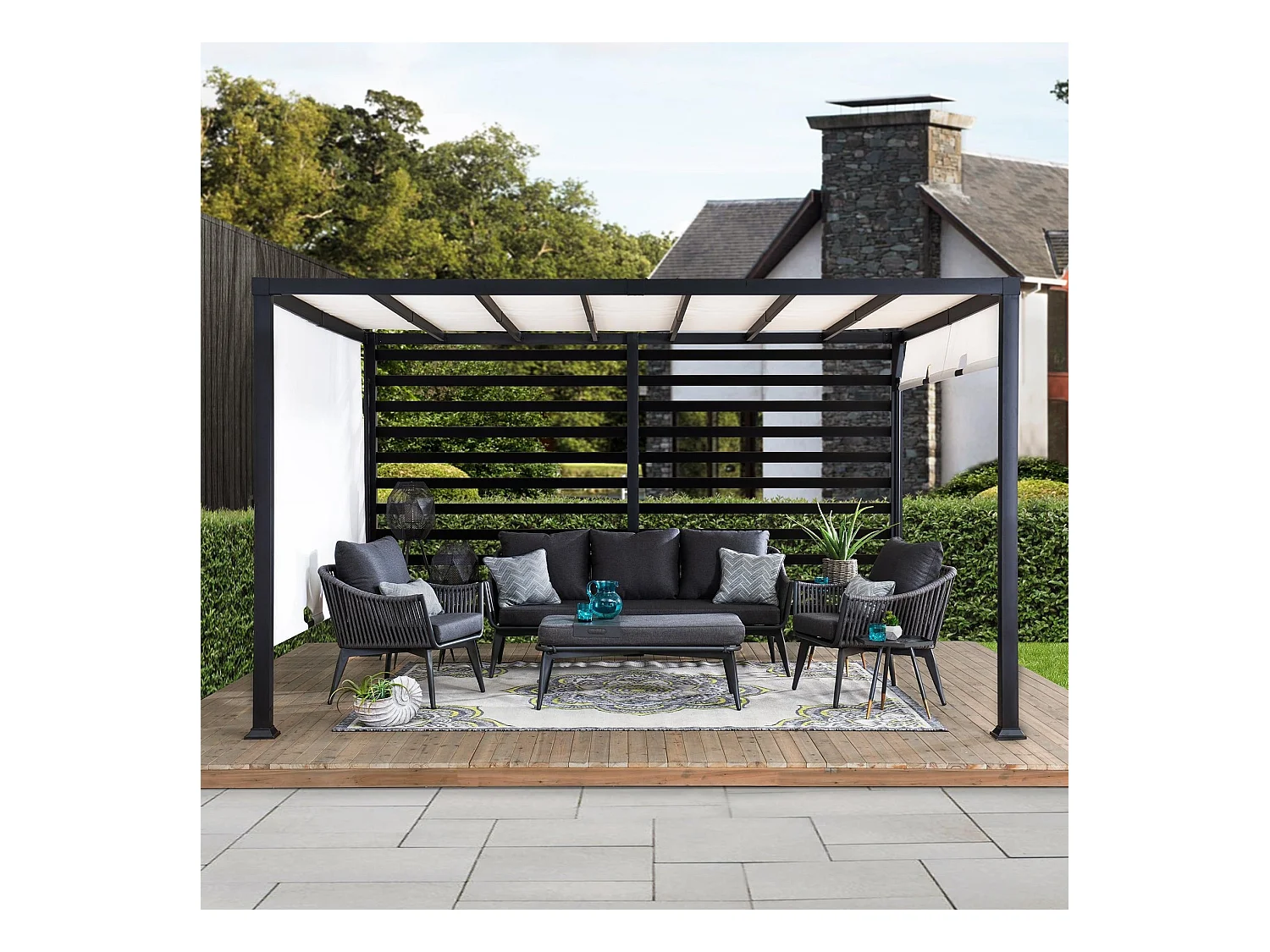 Kit pergola en acier avec auvent réglable blanc et mur d'intimité OETA 304 cm x 372 cm