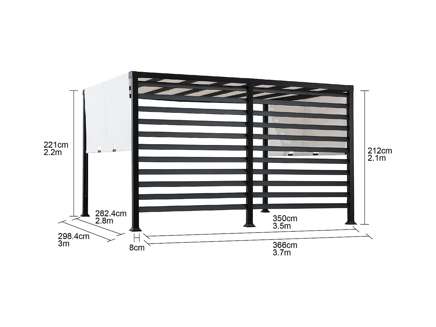 Kit pergola en acier avec auvent réglable blanc et mur d'intimité OETA 304 cm x 372 cm