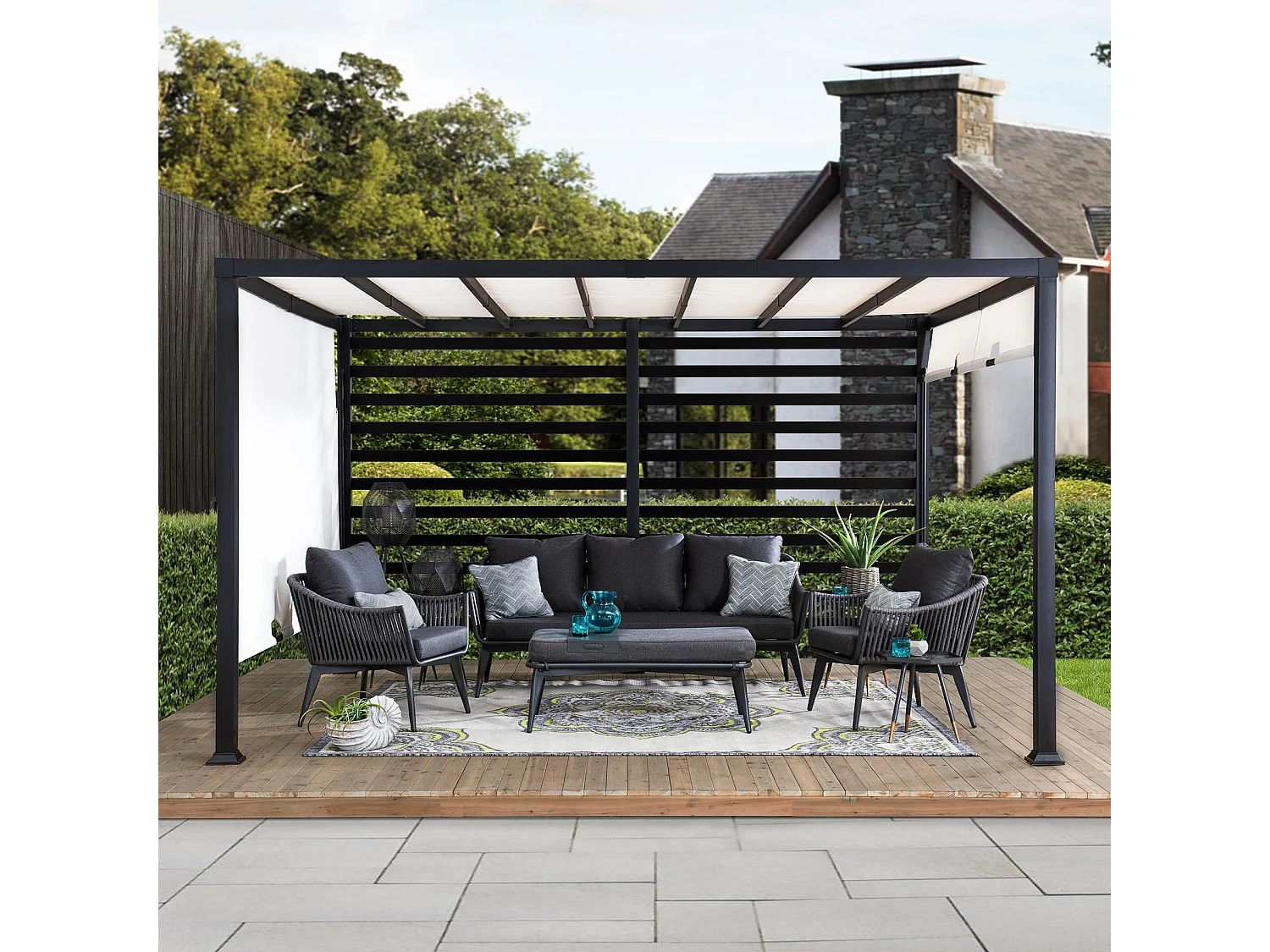Kit pergola en acier avec auvent réglable blanc et mur d'intimité OETA 304 cm x 372 cm
