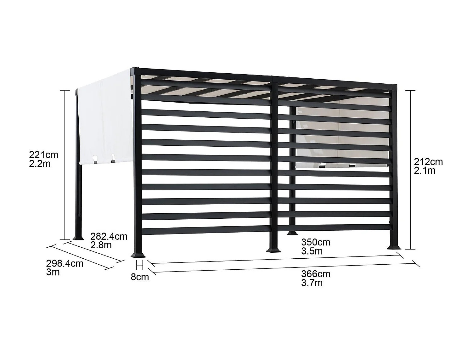 Kit pergola en acier avec auvent réglable blanc et mur d'intimité OETA 304 cm x 372 cm