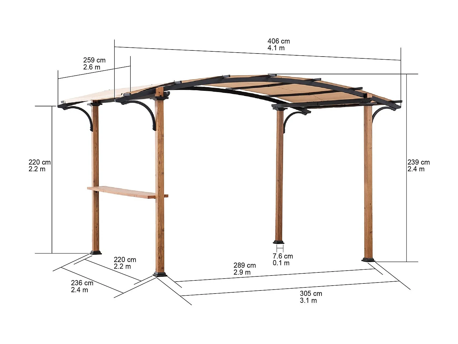 Pergola arquée en acier avec finition aspect bois naturel et abat-jour beige SKUTA 259 cm x 406 cm