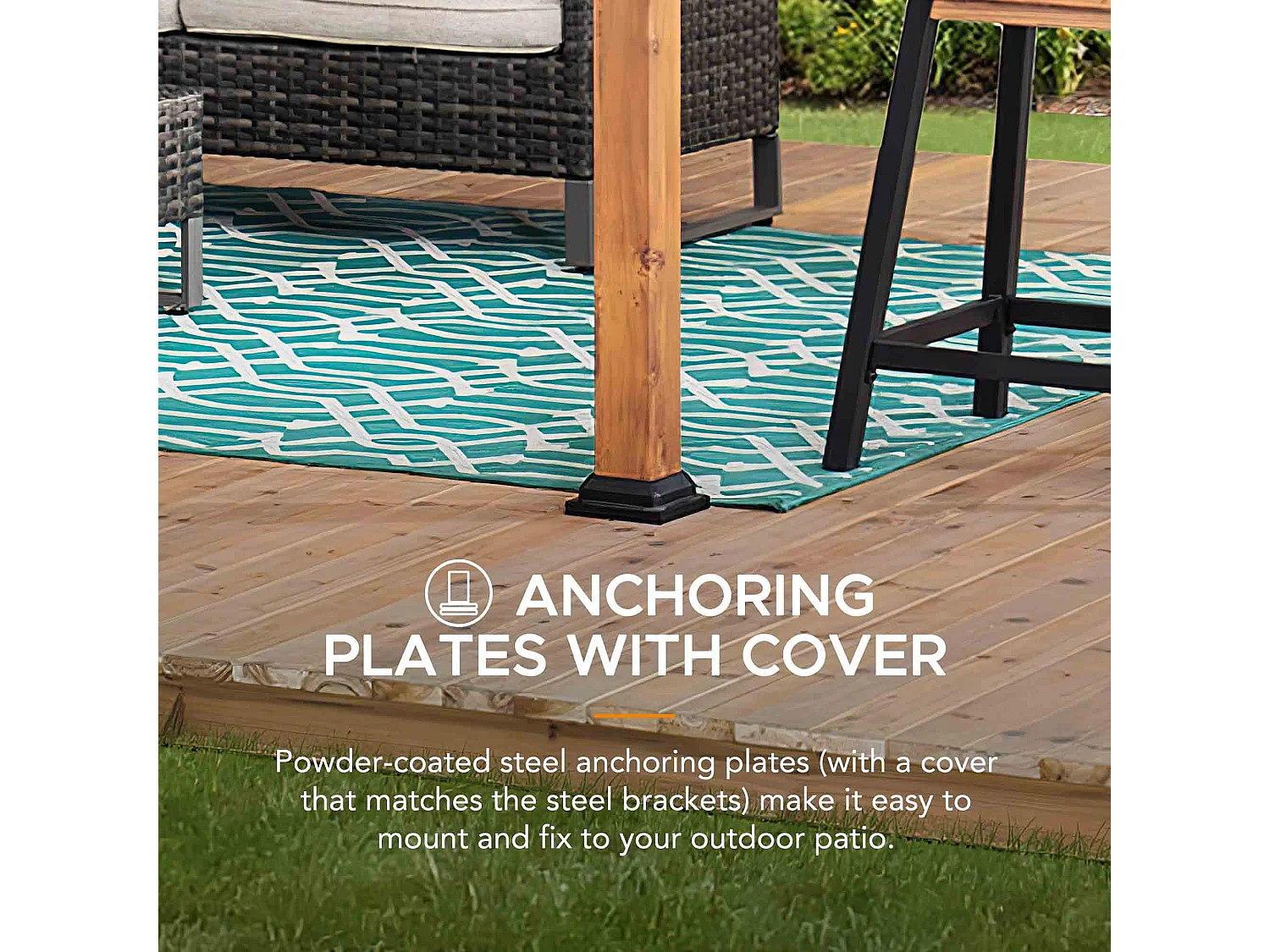 Pergola arquée en acier avec finition aspect bois naturel et abat-jour beige SKUTA 259 cm x 406 cm