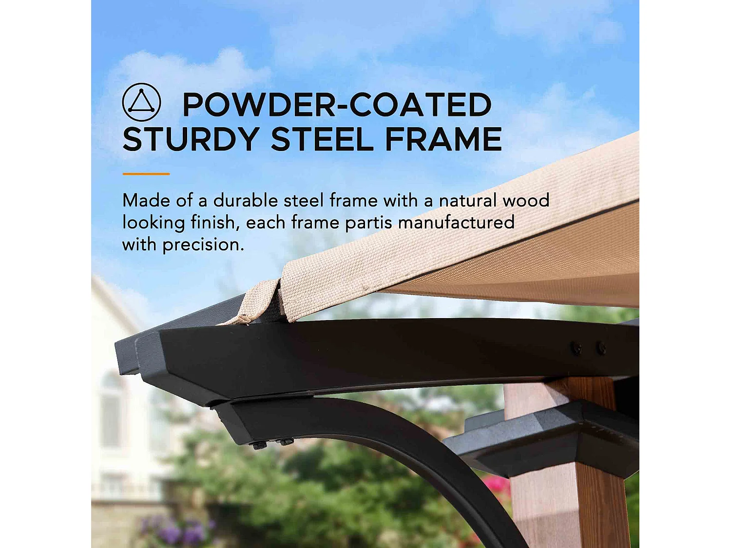 Pergola arquée en acier avec finition aspect bois naturel et abat-jour beige SKUTA 259 cm x 406 cm