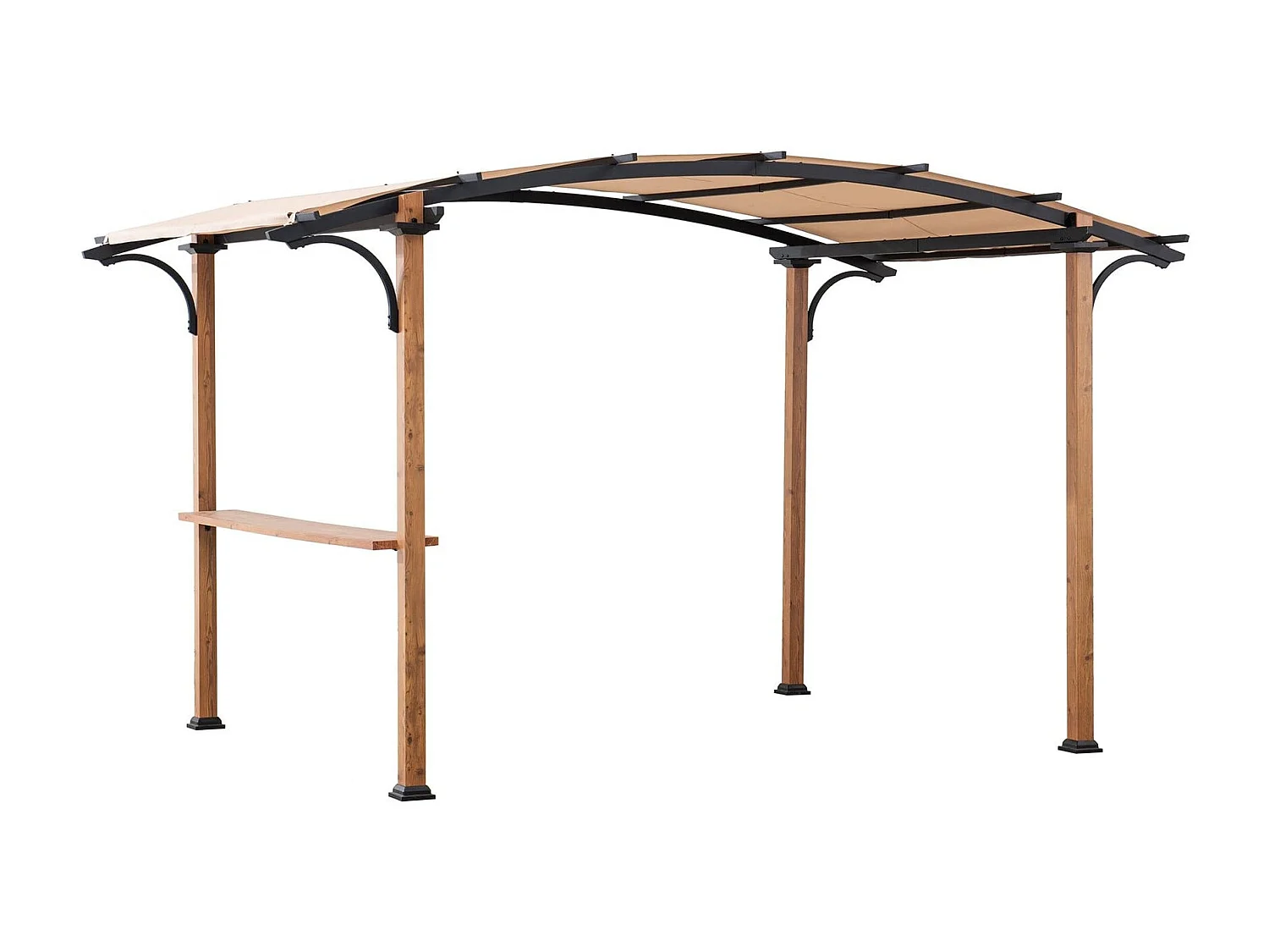 Pergola arquée en acier avec finition aspect bois naturel et abat-jour beige SKUTA 259 cm x 406 cm