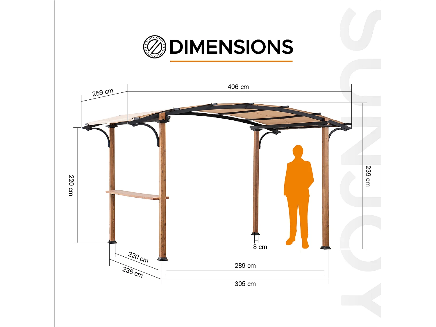 Pergola arquée en acier avec finition aspect bois naturel et abat-jour beige SKUTA 259 cm x 406 cm