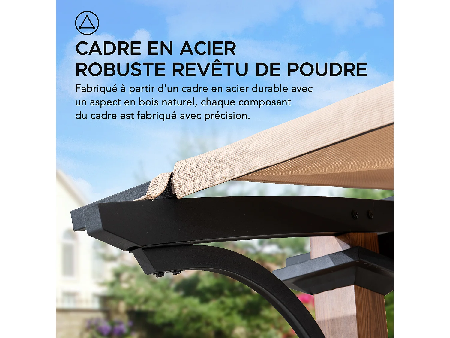 Pergola arquée en acier avec finition aspect bois naturel et abat-jour beige SKUTA 259 cm x 406 cm