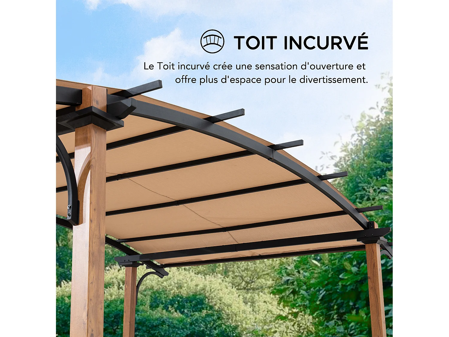 Pergola arquée en acier avec finition aspect bois naturel et abat-jour beige SKUTA 259 cm x 406 cm