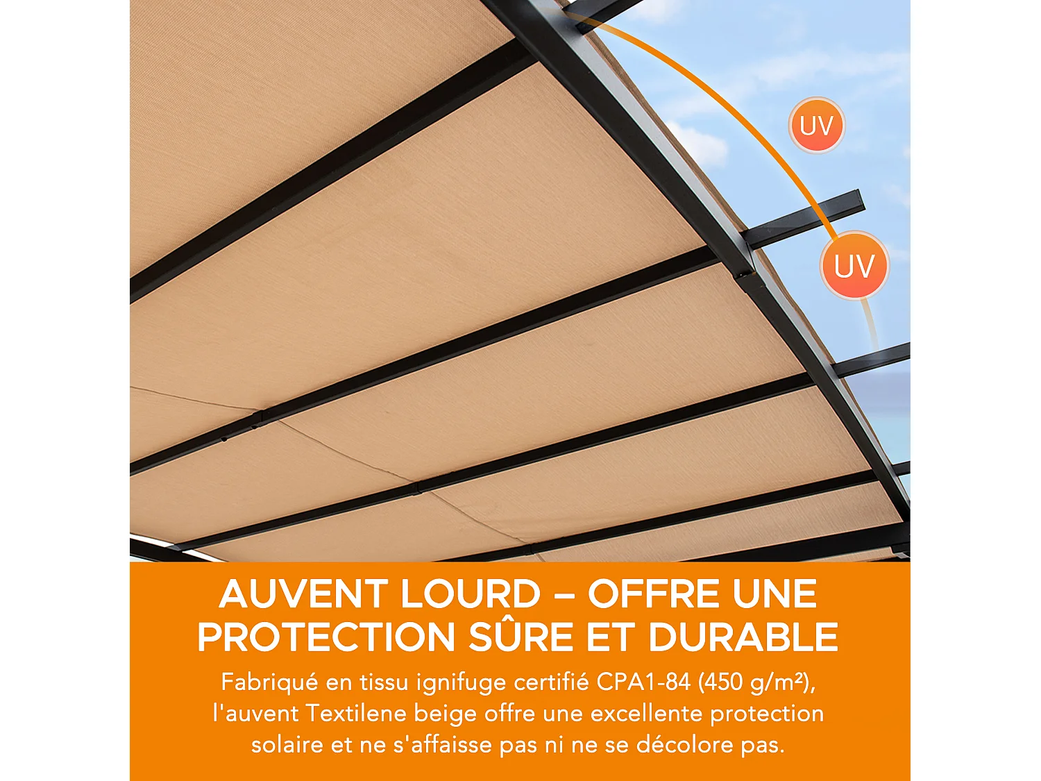 Pergola arquée en acier avec finition aspect bois naturel et abat-jour beige SKUTA 259 cm x 406 cm