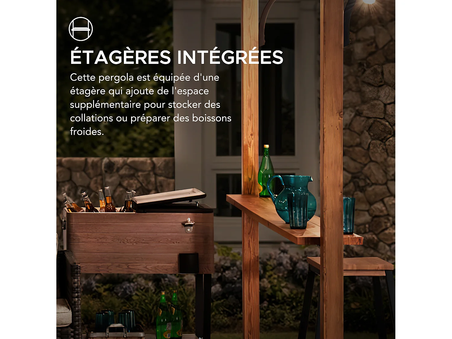 Pergola arquée en acier avec finition aspect bois naturel et abat-jour beige SKUTA 259 cm x 406 cm