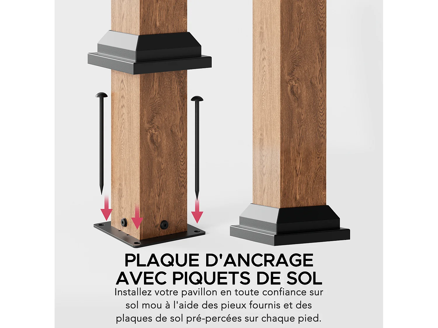 Pergola arquée en acier avec finition aspect bois naturel et abat-jour beige SKUTA 259 cm x 406 cm