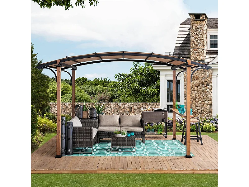 Pergola arquée en acier avec finition aspect bois naturel et abat-jour beige SKUTA 259 cm x 406 cm