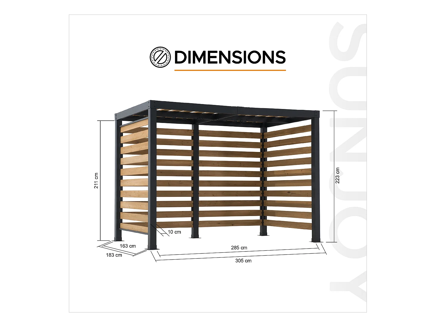 Pergola d'extérieur moderne en acier et bois pour jardin MARAO 191 cm x 313 cm