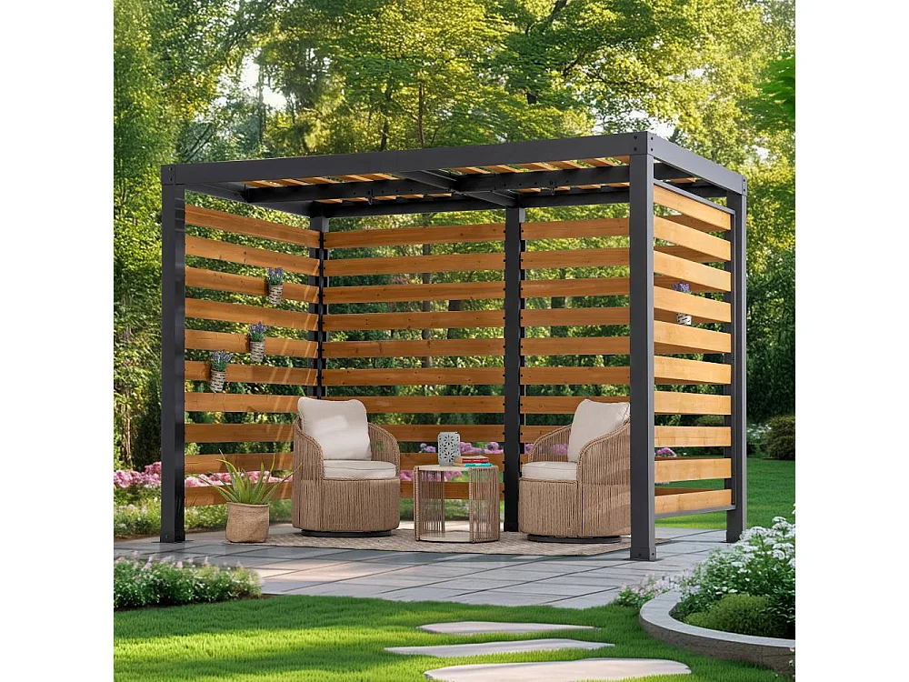 Pergola d'extérieur moderne en acier et bois pour jardin MARAO 191 cm x 313 cm