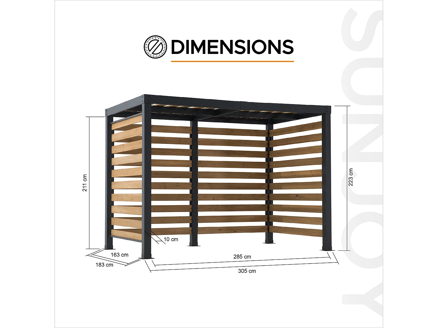 Pergola d'extérieur moderne en acier et bois pour jardin MARAO 191 cm x 313 cm