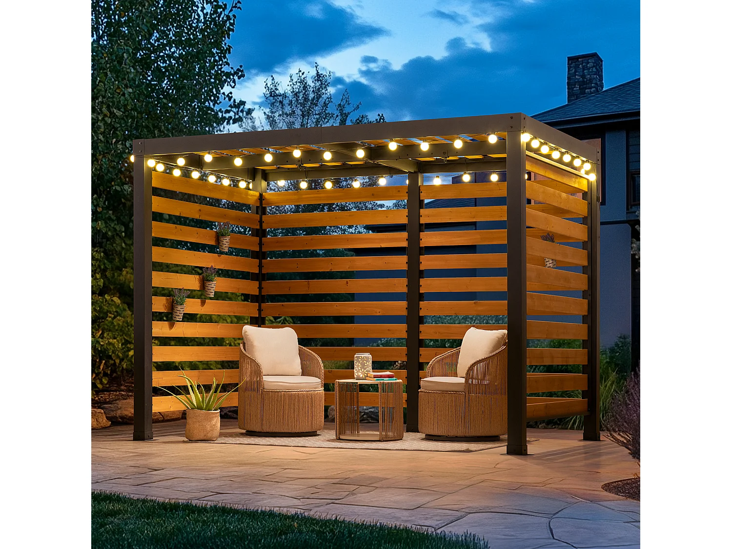 Pergola d'extérieur moderne en acier et bois pour jardin MARAO 191 cm x 313 cm