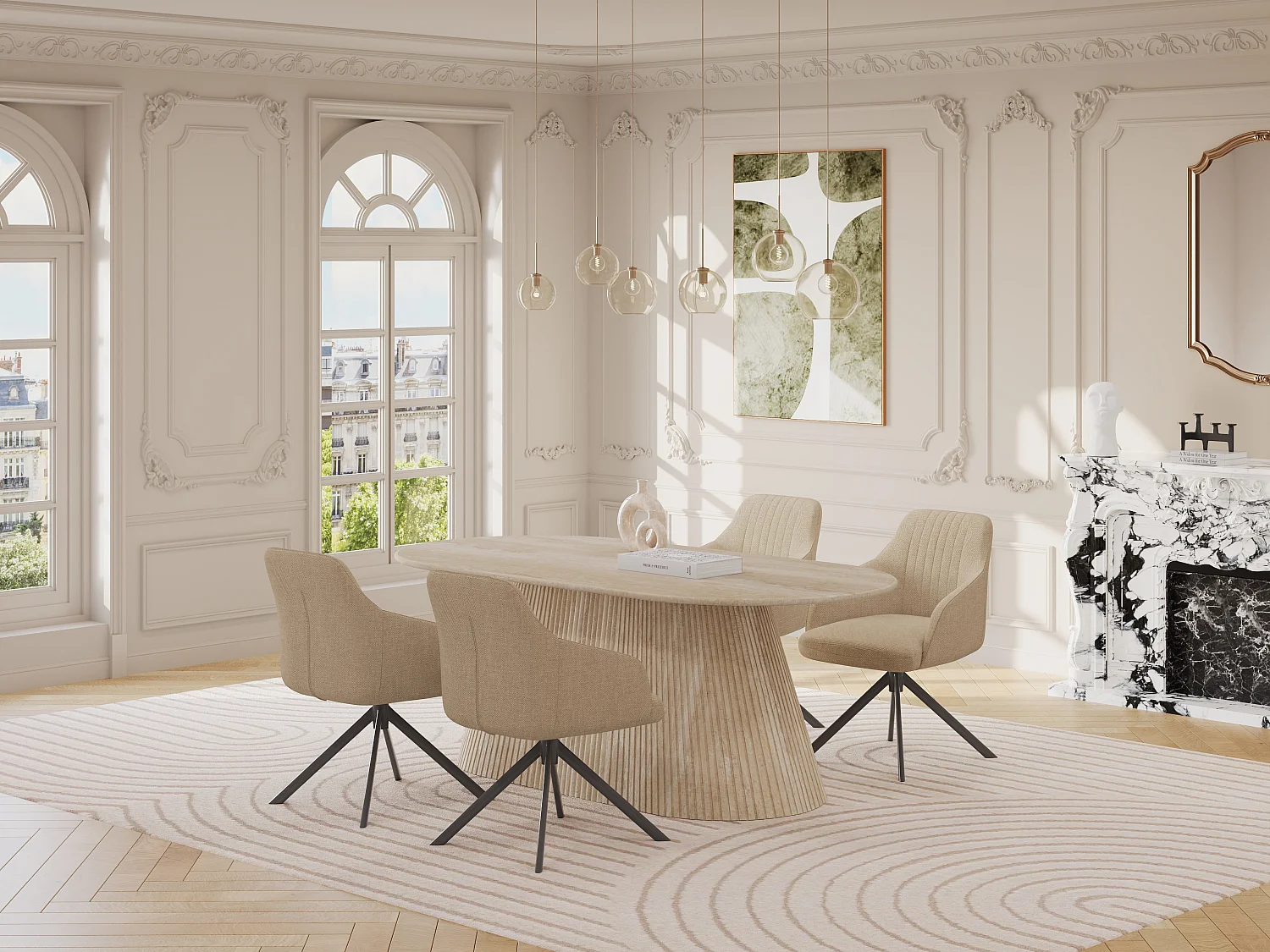 Table à manger 8 personnes en marbre artificiel - Effet travertin beige - TIFULI