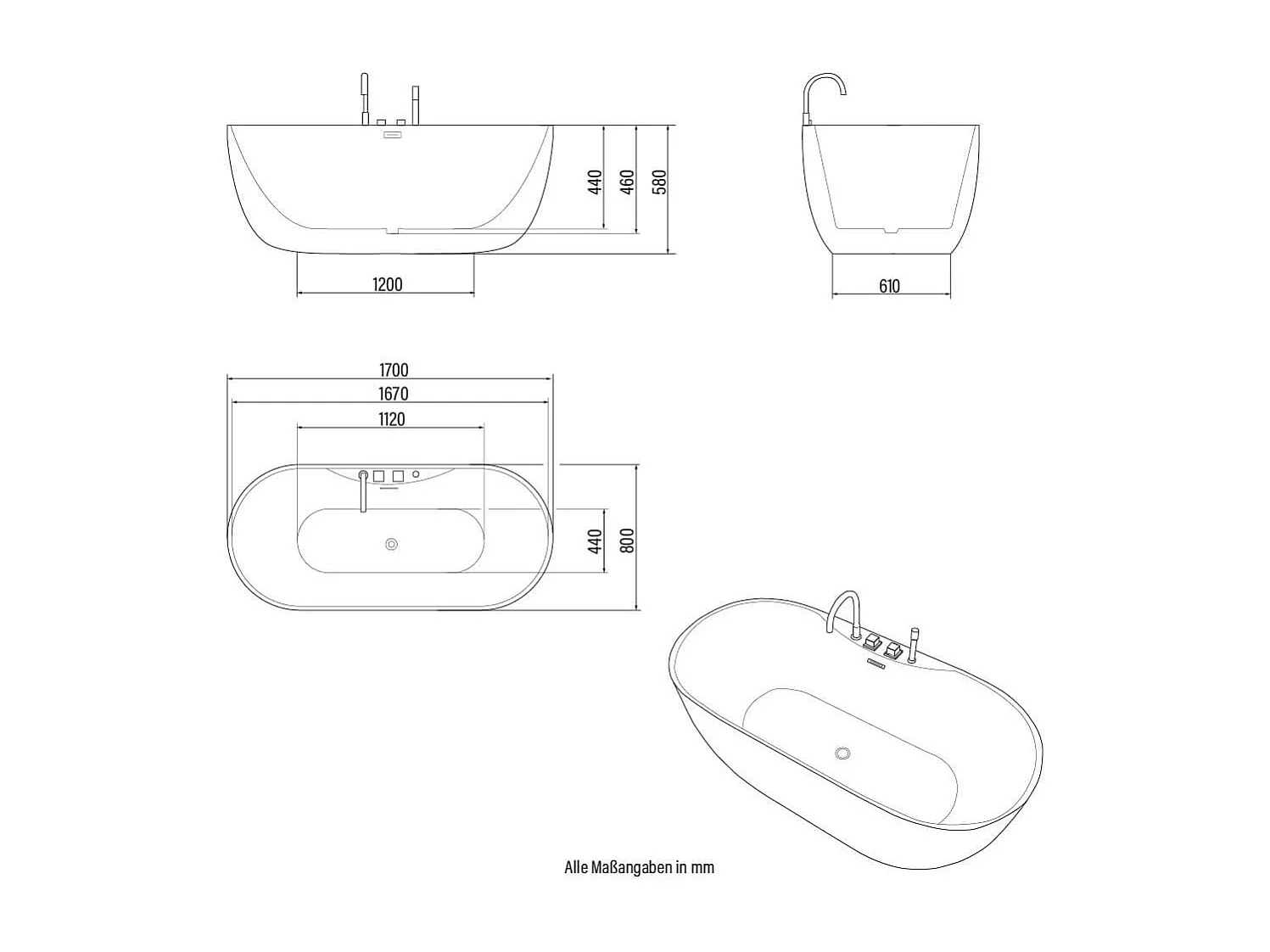 Home Deluxe Baignoire à poser LENI avec robinetterie