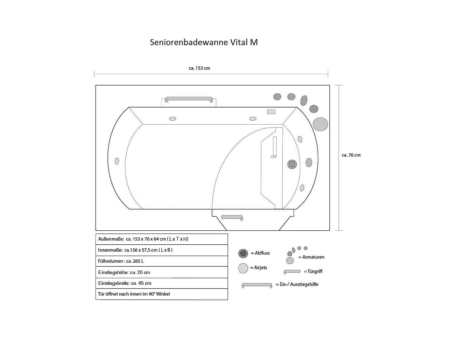 Home Deluxe Baignoire pour seniors VITAL M droite