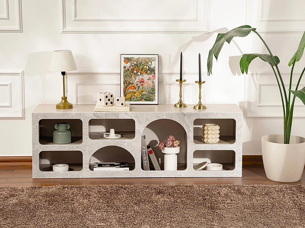 Meuble TV avec 7 niches - Effet marbre gris - LUELA