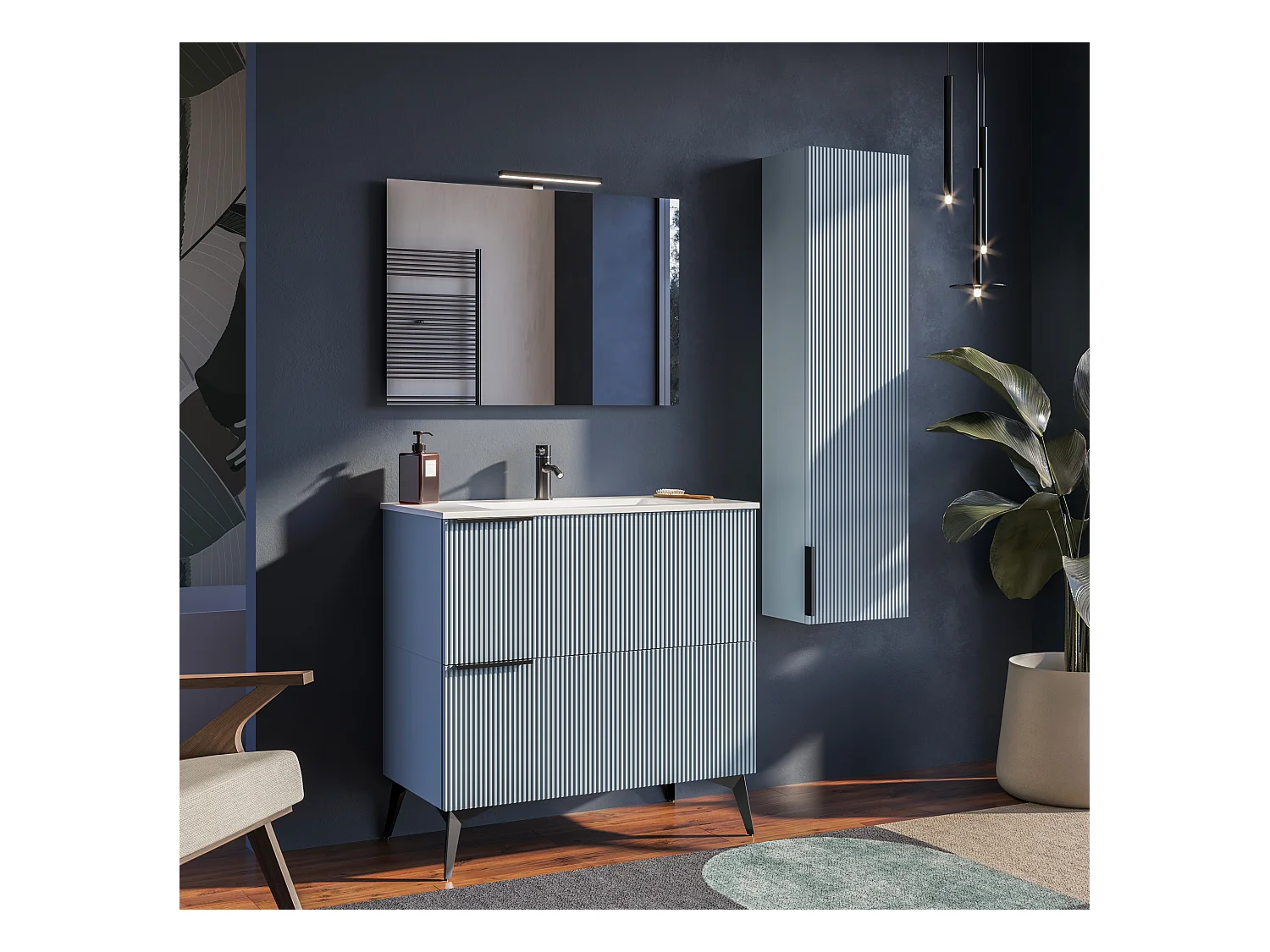 Mobile bagno con lavabo integrato L 90 x H 35,5 x P 46 Azzurro Capri Opaco Opaco Cassettiera c/Piedini Colonna e Specchio