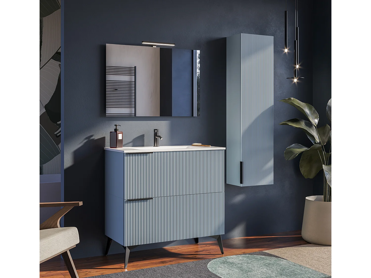 Mobile bagno con lavabo integrato L 90 x H 35,5 x P 46 Azzurro Capri Opaco Opaco Cassettiera c/Piedini Colonna e Specchio