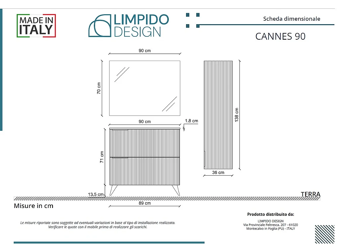 Mobile bagno con lavabo integrato L 90 x H 35,5 x P 46 Azzurro Capri Opaco Opaco Cassettiera c/Piedini Colonna e Specchio
