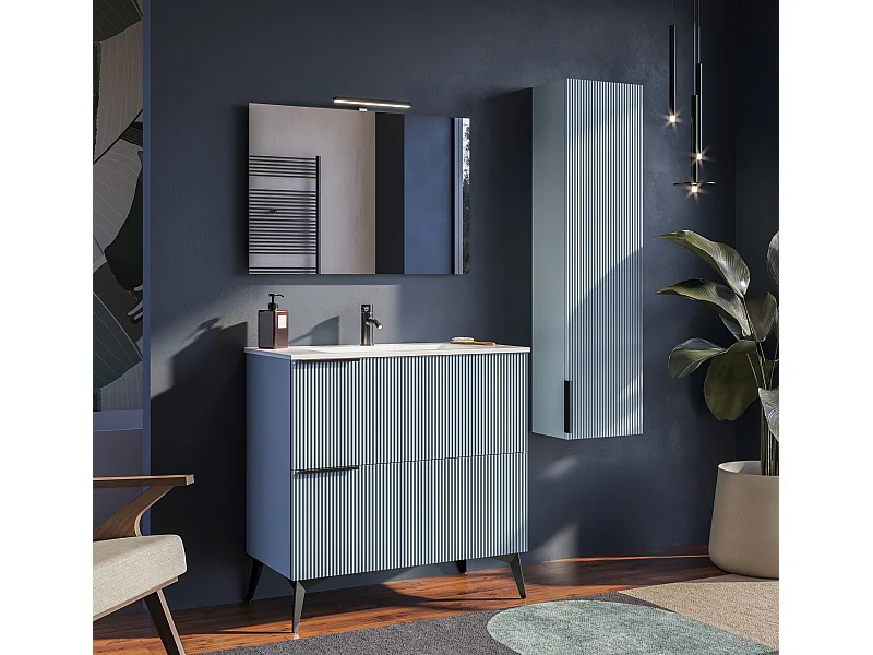 Mobile bagno con lavabo integrato L 90 x H 35,5 x P 46 Azzurro Capri Opaco Opaco Cassettiera c/Piedini Colonna e Specchio