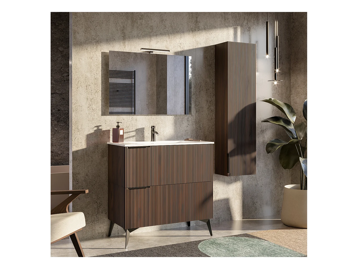 Mobile bagno con lavabo integrato L 90 x H 35,5x P 46 Noce Nordico Scuro Cassettiera Colonna c/Piedini e Specchio