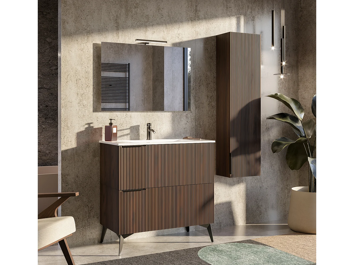 Mobile bagno con lavabo integrato L 90 x H 35,5x P 46 Noce Nordico Scuro Cassettiera Colonna c/Piedini e Specchio