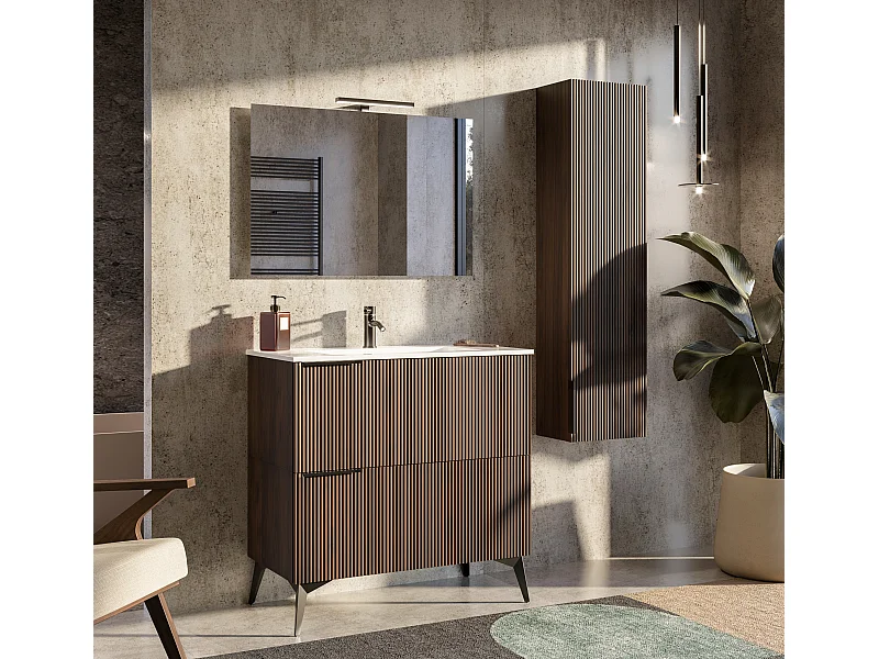 Mobile bagno con lavabo integrato L 90 x H 35,5x P 46 Noce Nordico Scuro Cassettiera Colonna c/Piedini e Specchio