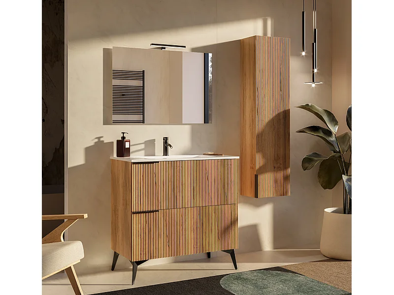 Mobile bagno con lavabo integrato L 90 x H 35,5 x P 46 Rovere Nordico Chiaro Cassettiera Colonna c/Piedini e Specchio