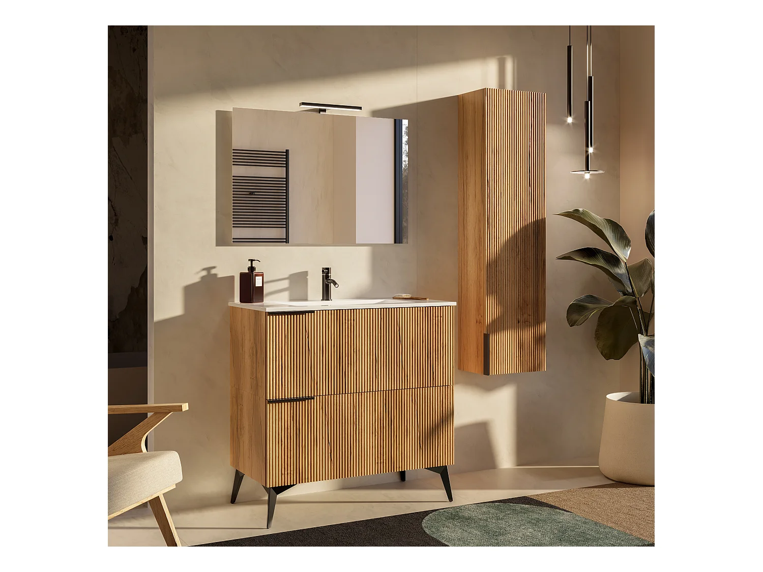 Mobile bagno con lavabo integrato L 90 x H 35,5 x P 46 Rovere Nordico Chiaro Cassettiera Colonna c/Piedini e Specchio