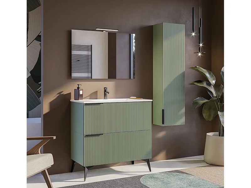 Mobile bagno con lavabo integrato L 90 x H 35,5 x P 46 Verde Salvia Opaco Cassettiera Colonna c/Piedini e Specchio