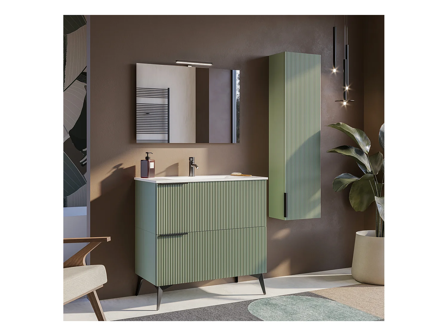 Mobile bagno con lavabo integrato L 90 x H 35,5 x P 46 Verde Salvia Opaco Cassettiera Colonna c/Piedini e Specchio