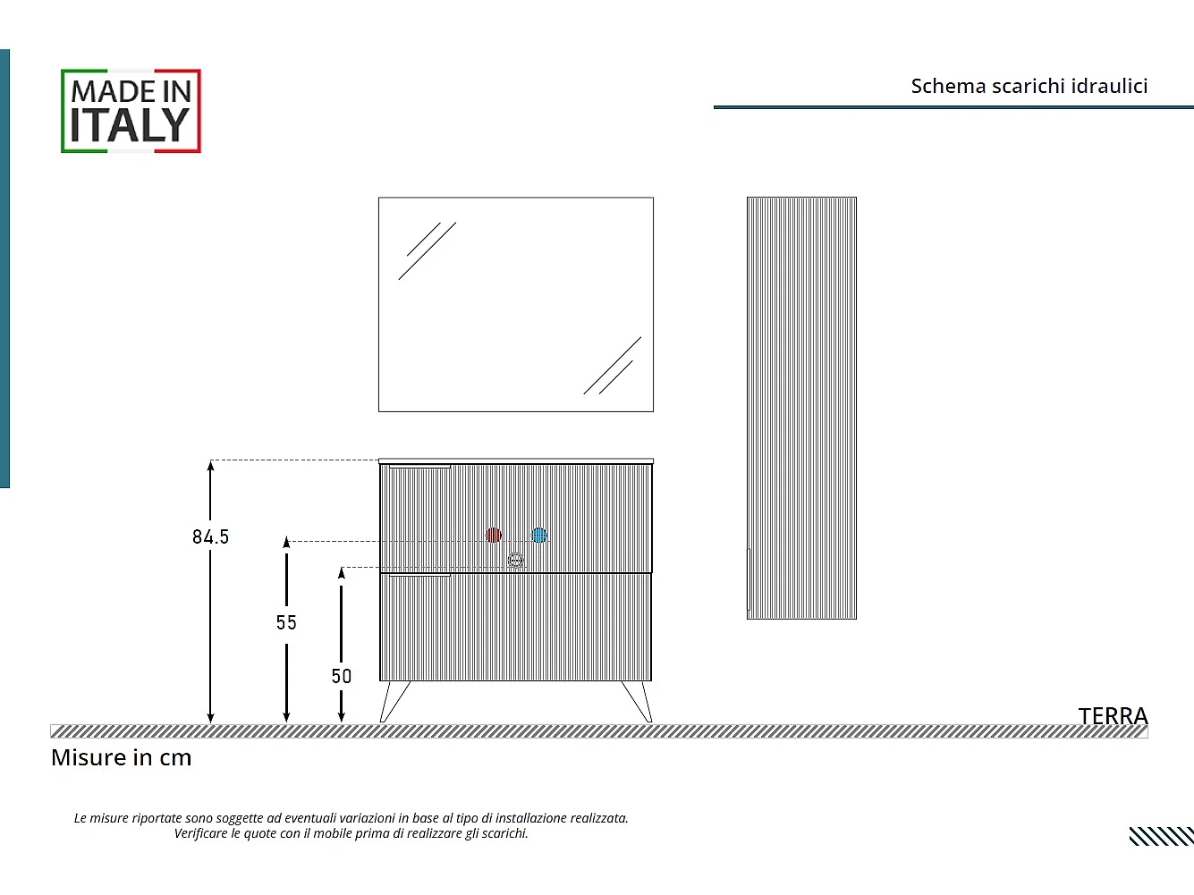 Mobile bagno con lavabo integrato L 90 x H 35,5 x P 46 Verde Salvia Opaco Cassettiera Colonna c/Piedini e Specchio