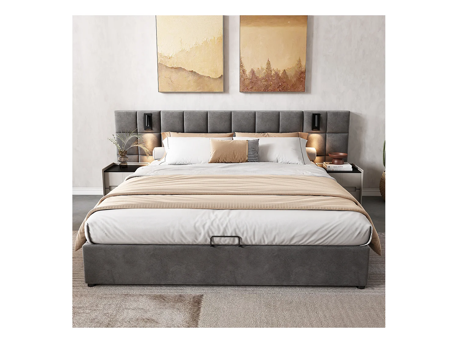 Lit rembourré avec rangement hydraulique, lampe directionnelle et USB, 160×200 cm, gris, tête de lit en mousse