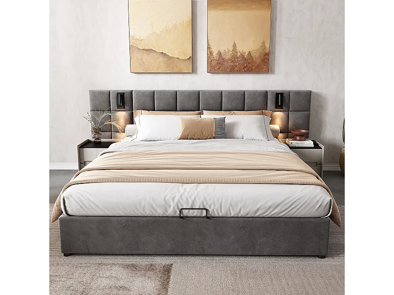 Lit rembourré avec rangement hydraulique, lampe directionnelle et USB, 160×200 cm, gris, tête de lit en mousse