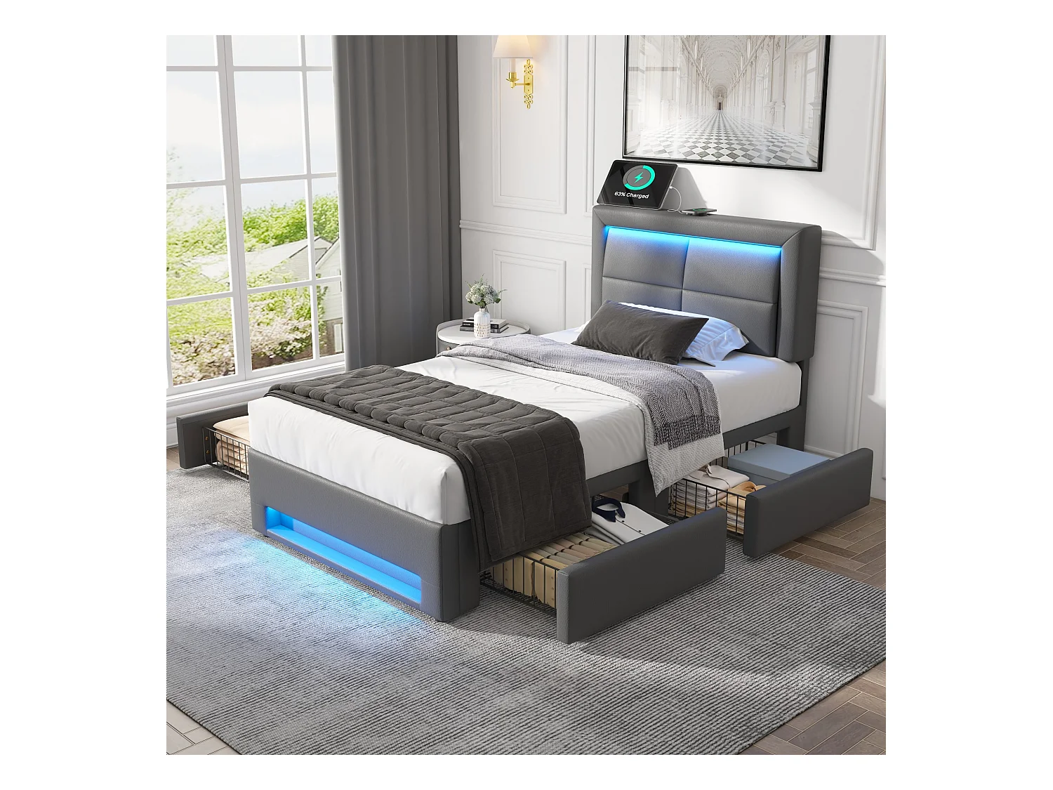 Lit rembourré 90x190 cm avec ports USB, éclairage LED et 4 tiroirs, gris