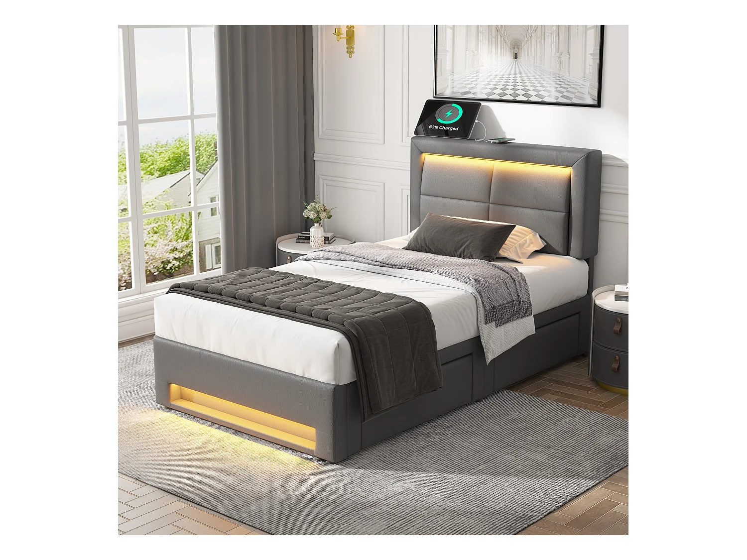Lit rembourré 90x190 cm avec ports USB, éclairage LED et 4 tiroirs, gris