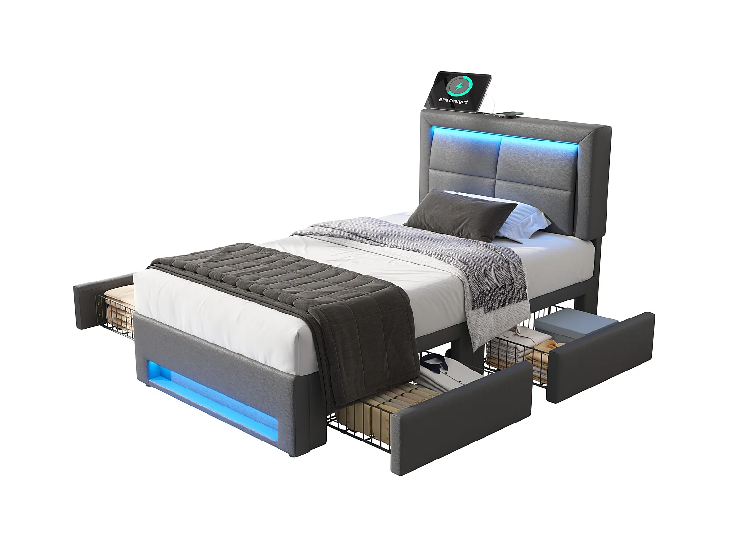 Lit rembourré 90x190 cm avec ports USB, éclairage LED et 4 tiroirs, gris