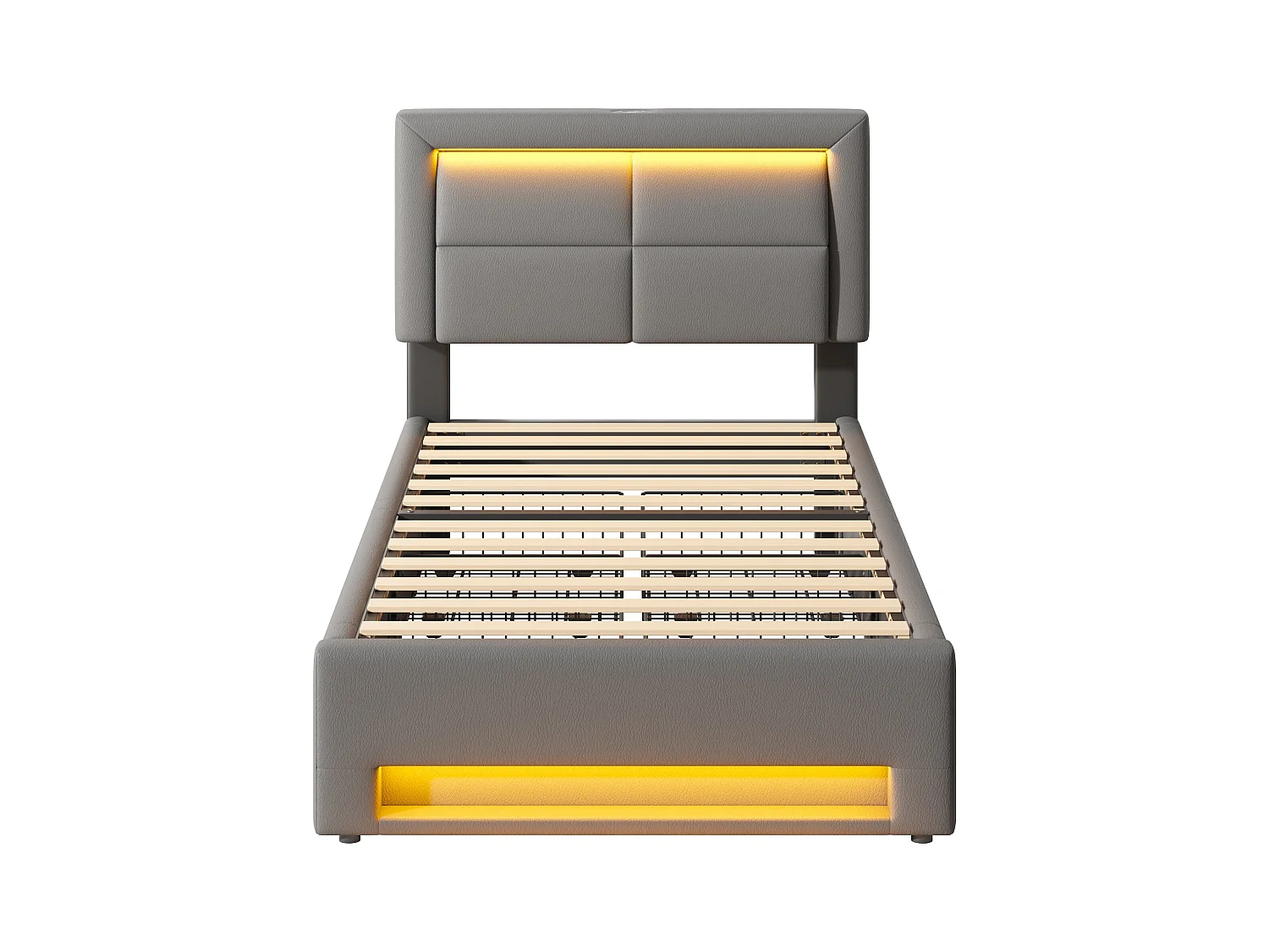 Lit rembourré 90x190 cm avec ports USB, éclairage LED et 4 tiroirs, gris