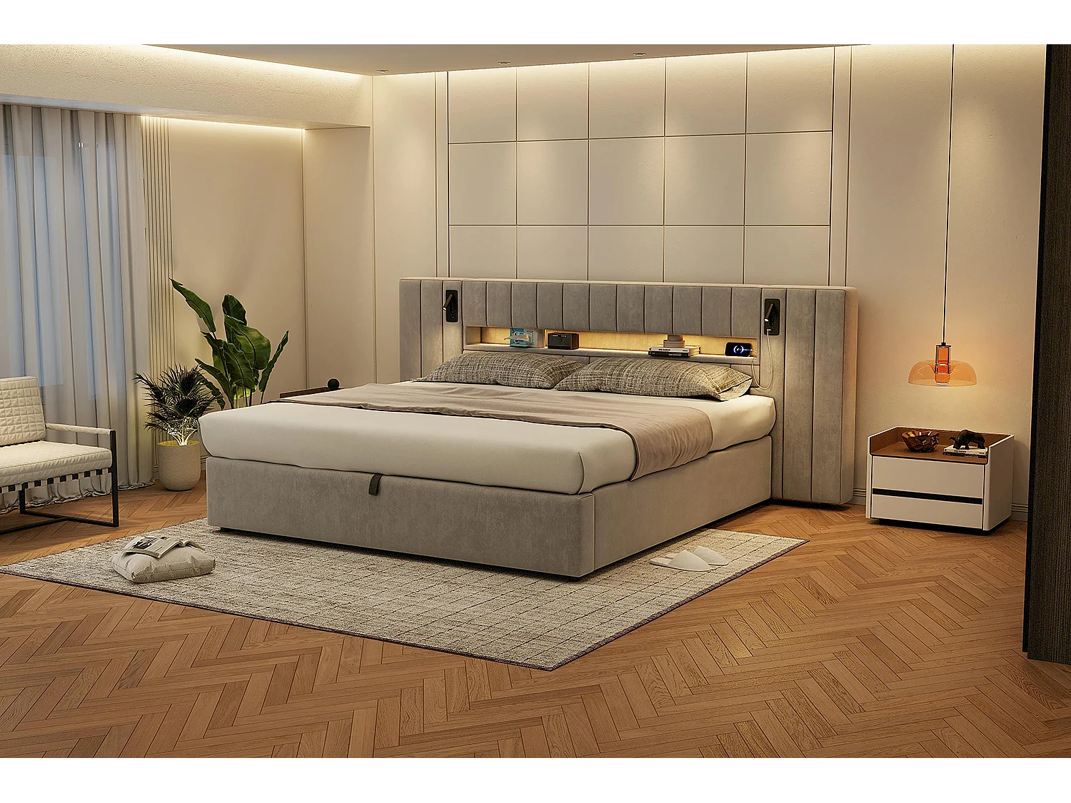 Lit 180 x 200 cm avec ports USB, lit rembourré en velours gris, éclairage LED et rangement