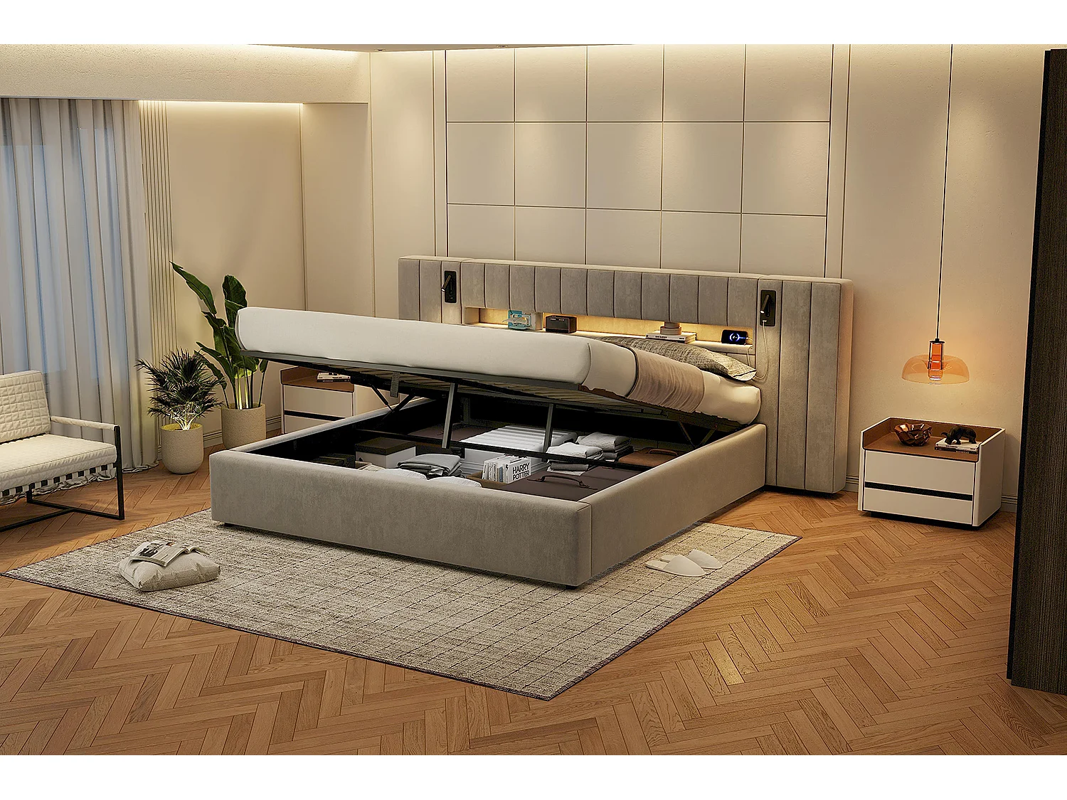 Lit 180 x 200 cm avec ports USB, lit rembourré en velours gris, éclairage LED et rangement