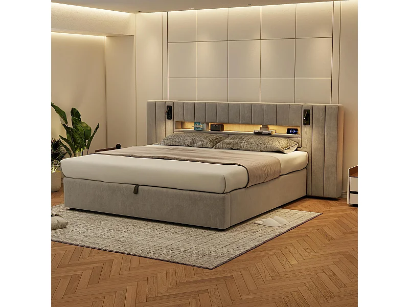 Lit 180 x 200 cm avec ports USB, lit rembourré en velours gris, éclairage LED et rangement