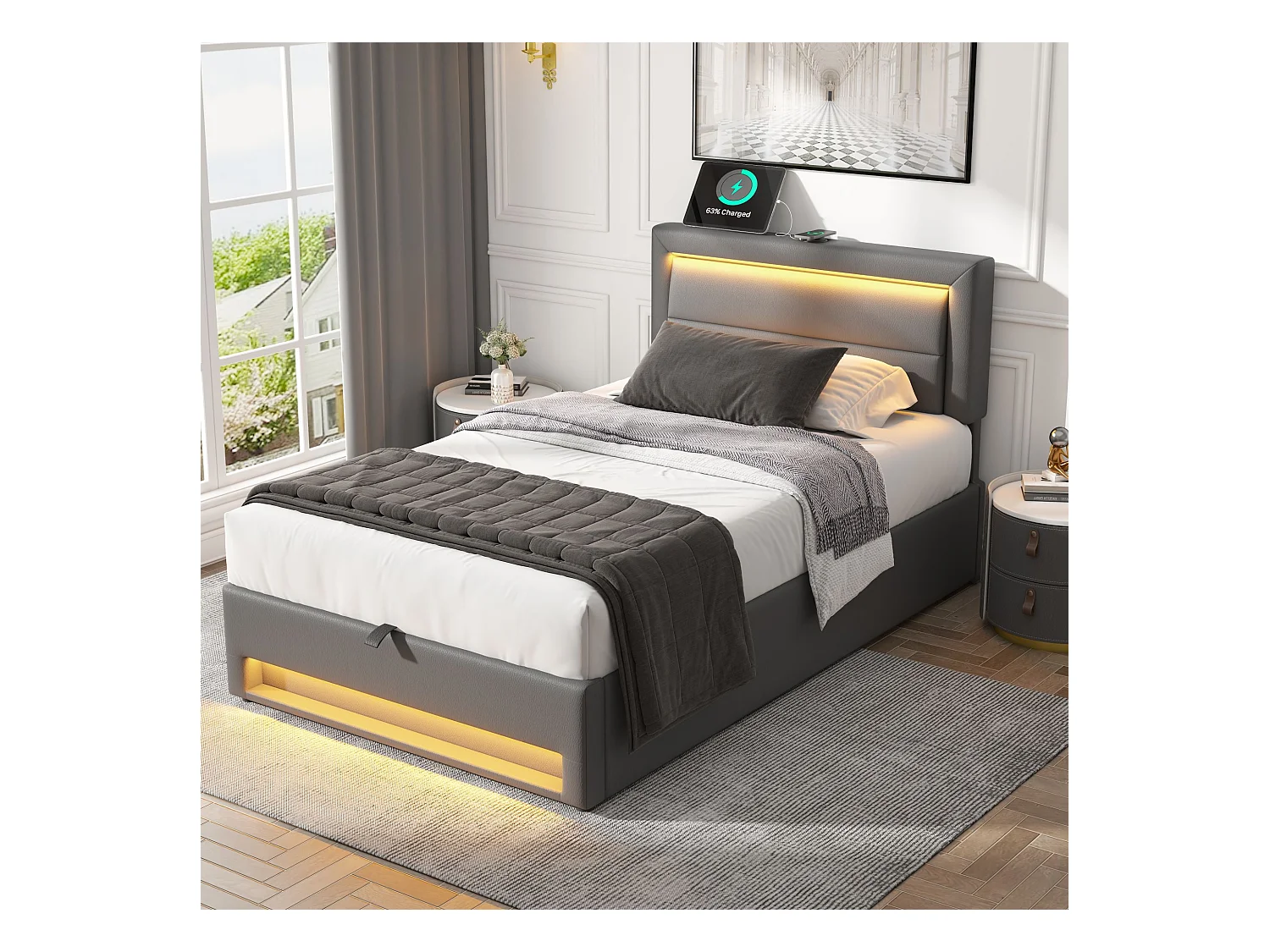 Lit rembourré 90 x 190 cm, avec ports USB, éclairage LED et rangement, sans matelas, gris