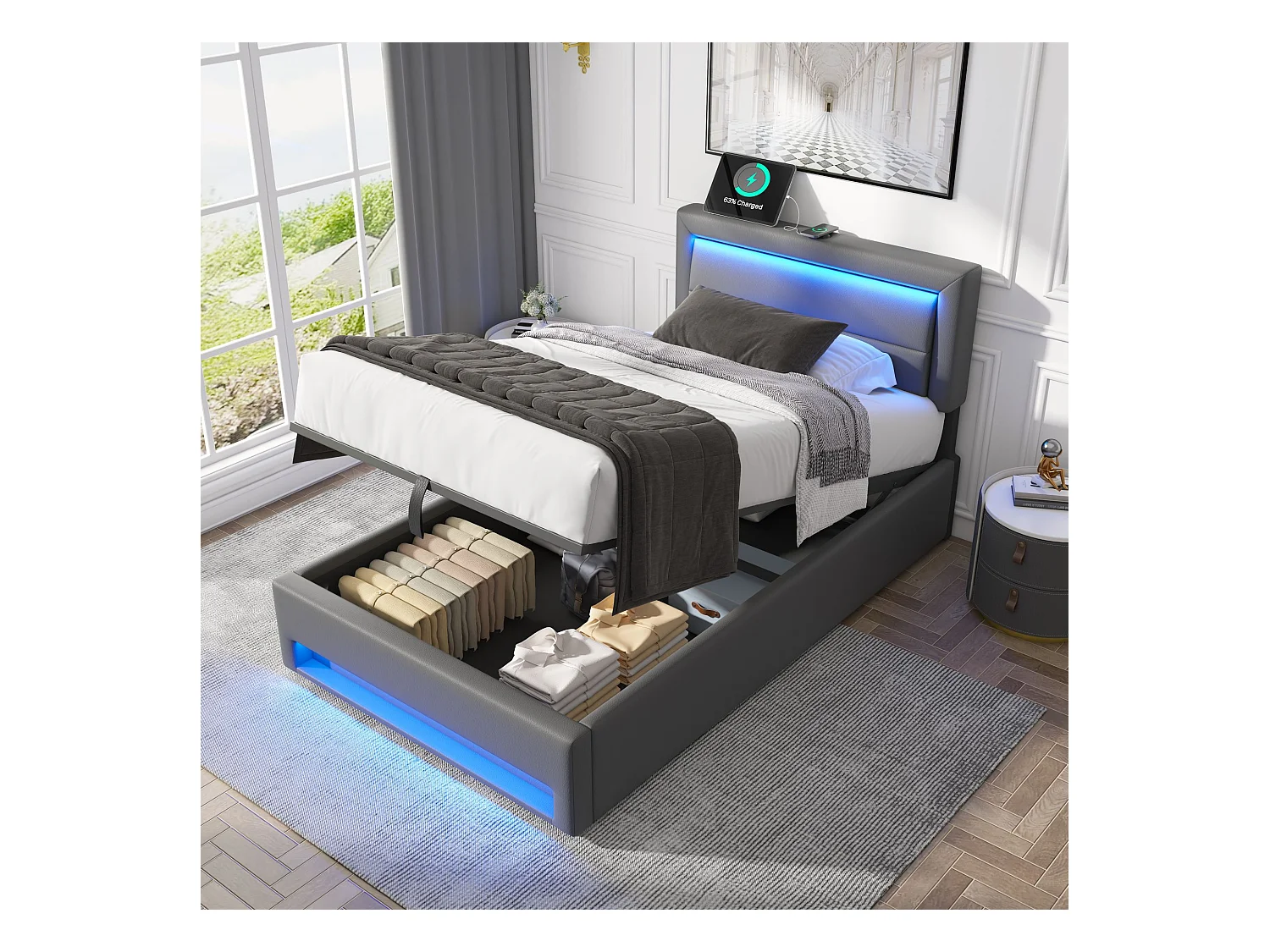 Lit rembourré 90 x 190 cm, avec ports USB, éclairage LED et rangement, sans matelas, gris