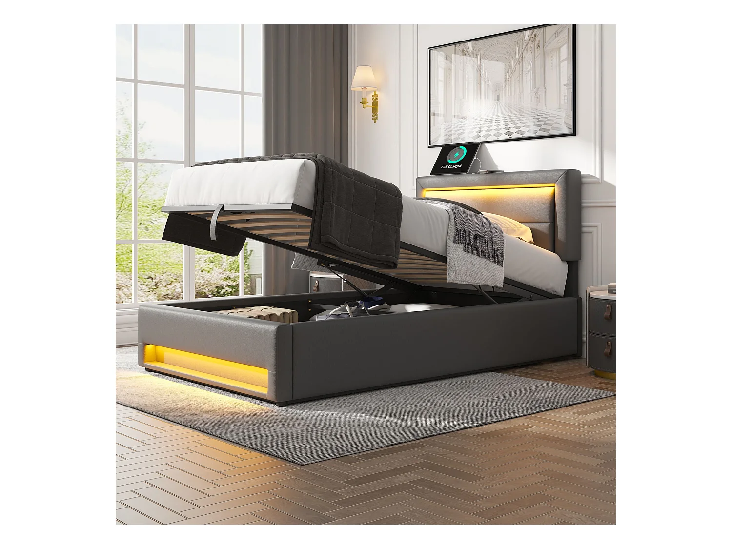 Lit rembourré 90 x 190 cm, avec ports USB, éclairage LED et rangement, sans matelas, gris