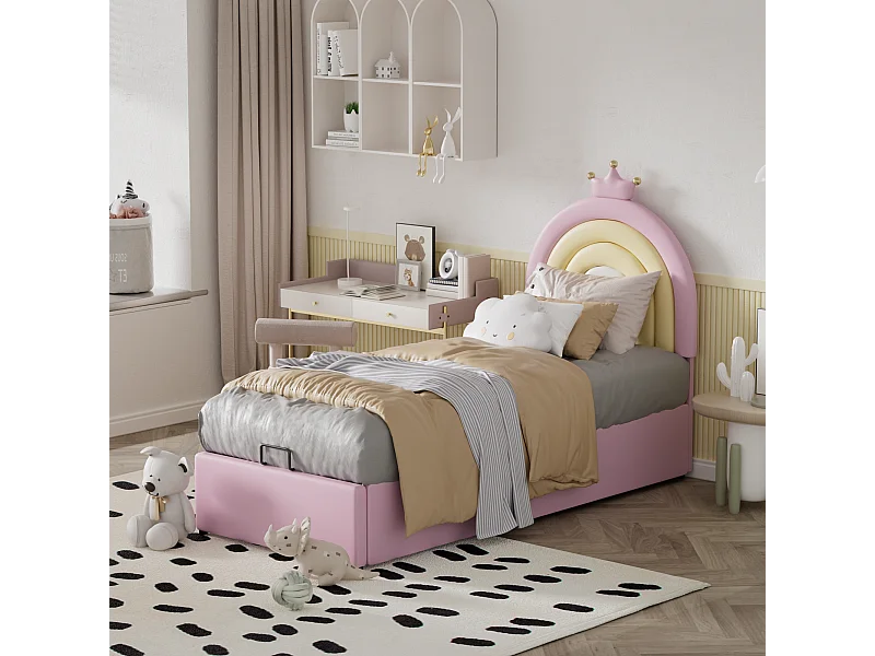 Lit rembourré 90×200 cm, avec échelle, tête de lit réglable, structure en pin naturel, montage facile, rose