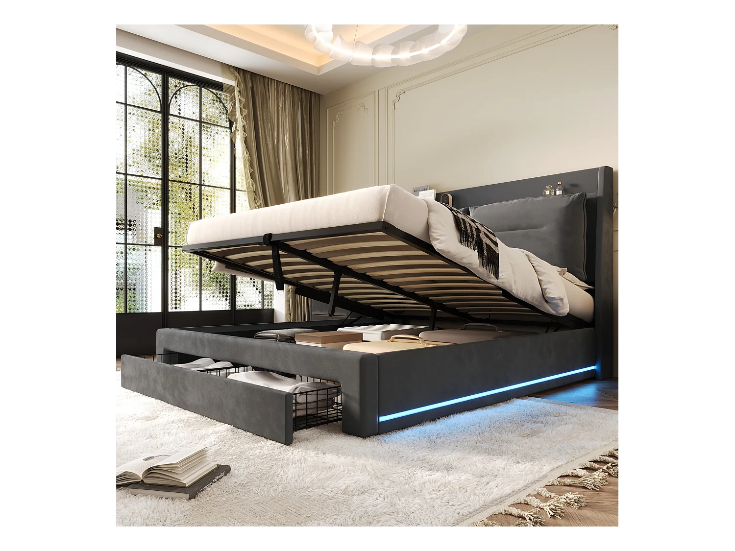 Lit rembourré avec éclairage LED, 140×200 cm, gris foncé, rangement hydraulique et tête de lit confortable